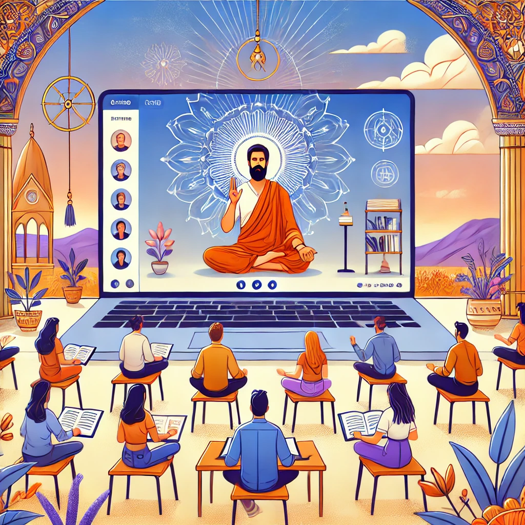 DALL·E 2024 12 29 20.10.17 A detailed flat style illustration of a speaker delivering an inspiring session during an online spiritual retreat. The image shows participants in vi