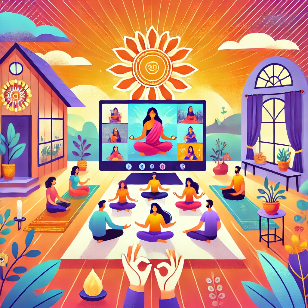 DALL·E 2024 12 29 20.10.22 A vibrant flat style illustration depicting a serene and engaging online spiritual retreat setup. The image shows participants engaging in activities